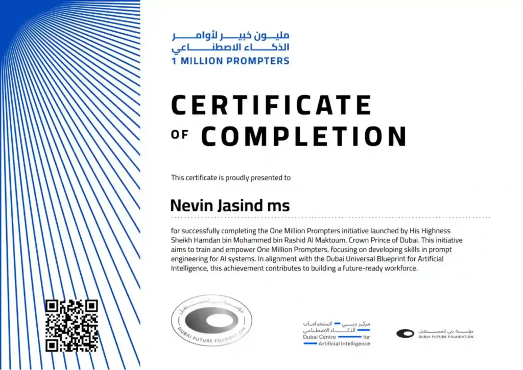 One Million Prompters AI prompt engineering certificate, showcasing AI skills for digital marketing in Bahrain