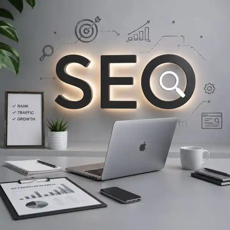 Best SEO expert in Bahrain workspace with laptop, SEO strategy graphics, keyword research report, and search engine optimization concepts